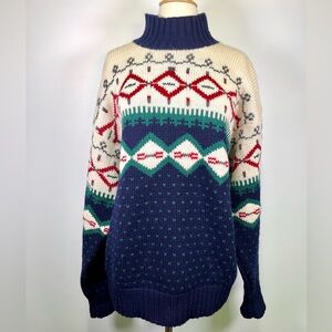 Vintage 80s Allen Solly Wool Sweater Unisex Large Fair Isle Nordic Ski Knit Mock